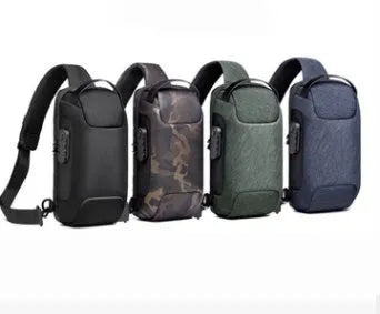 Men's canvas chest shoulder bag showing square shape, zipper, and internal phone and document organisers.