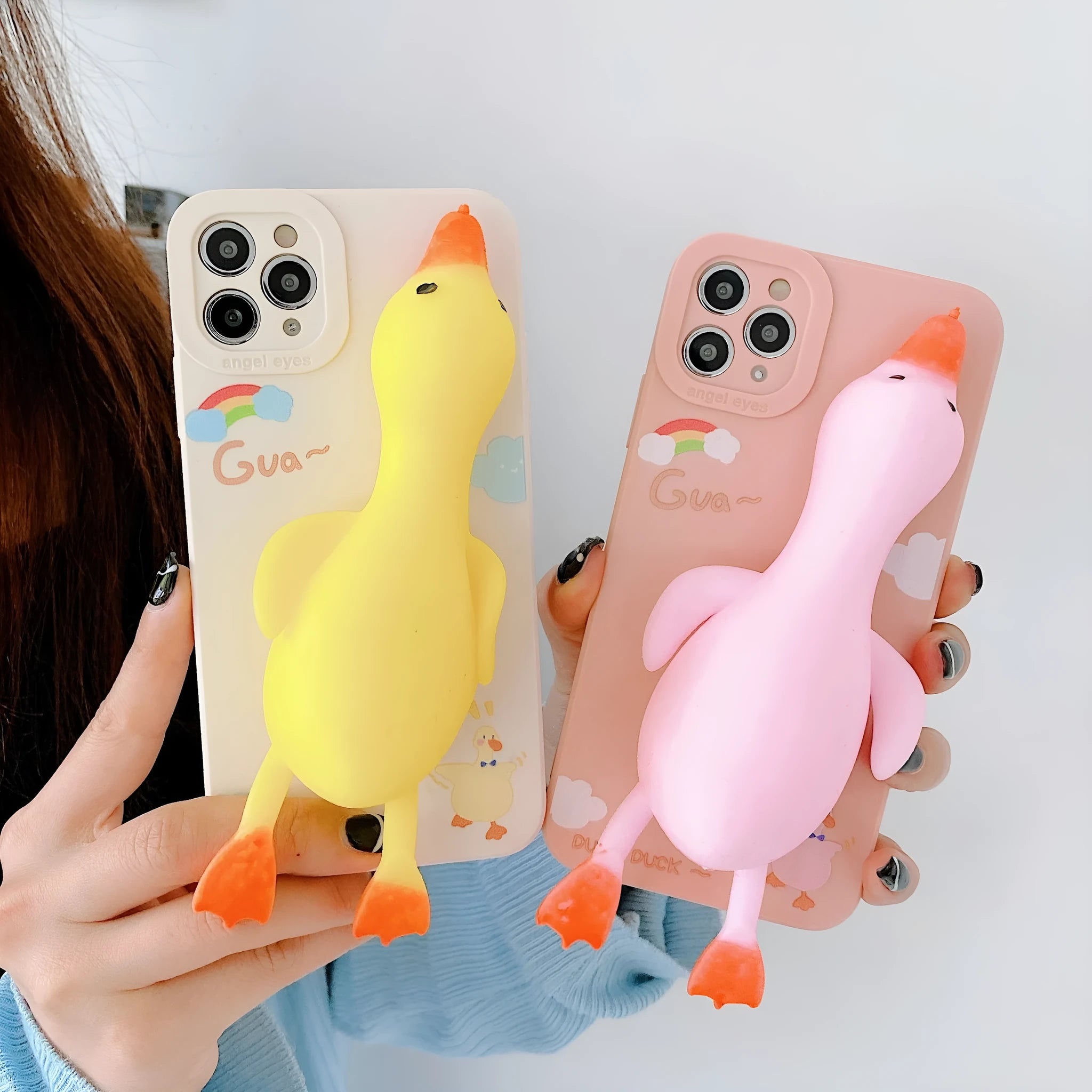 Clear silicone iPhone case with cartoon all-inclusive design in yellow, white, and pink colour options