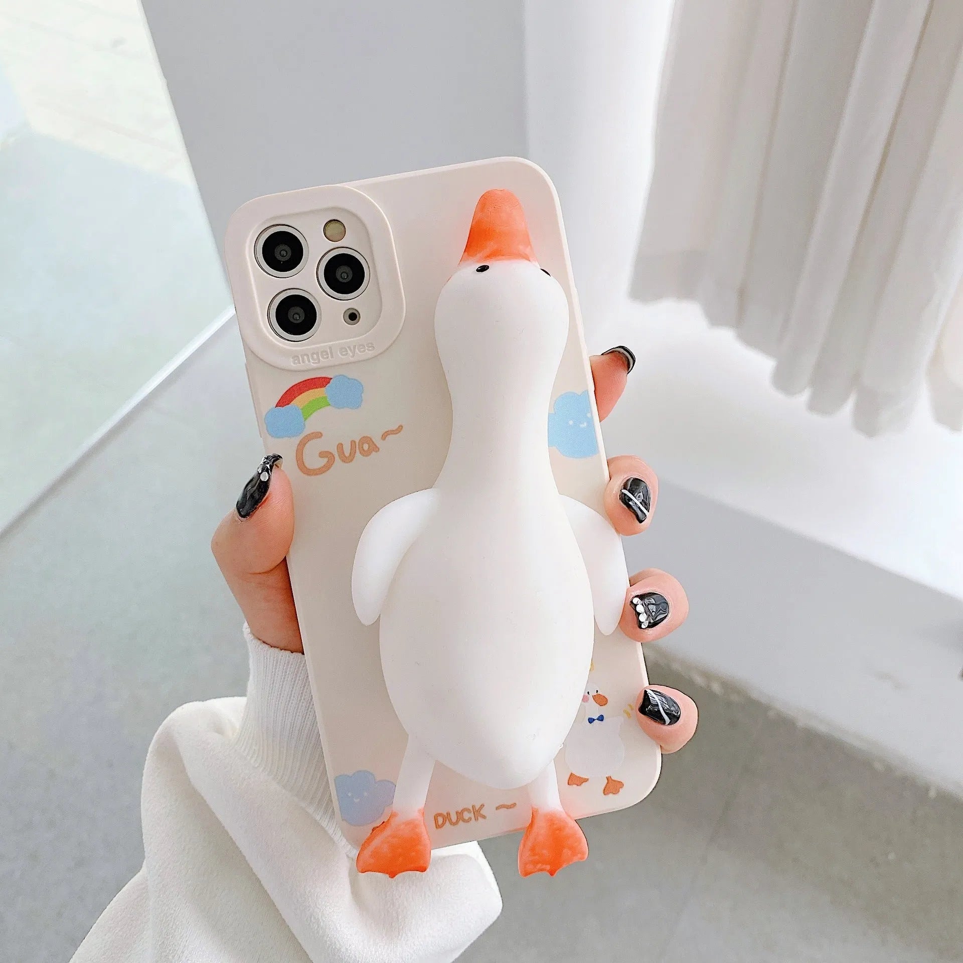 Clear silicone iPhone case with cartoon all-inclusive design in yellow, white, and pink colour options