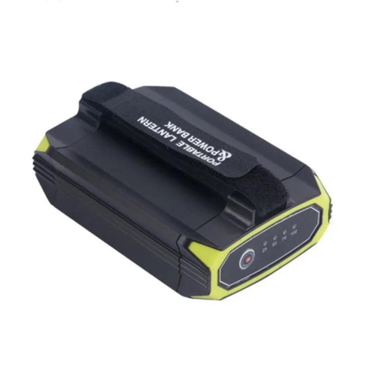 Green dimming rechargeable camping light with aluminium alloy casing, 130x90x47mm dimensions, showing LED bulbs and USB port