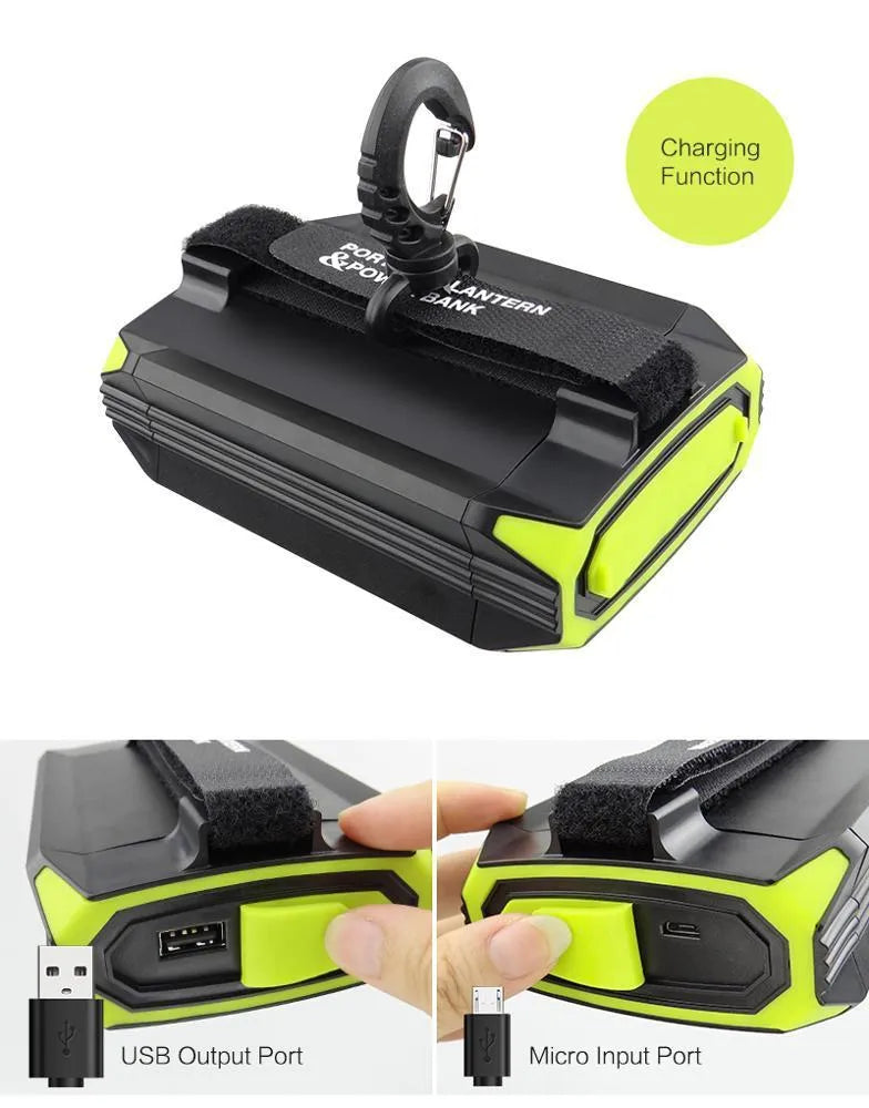 Green dimming rechargeable camping light with aluminium alloy casing, 130x90x47mm dimensions, showing LED bulbs and USB port