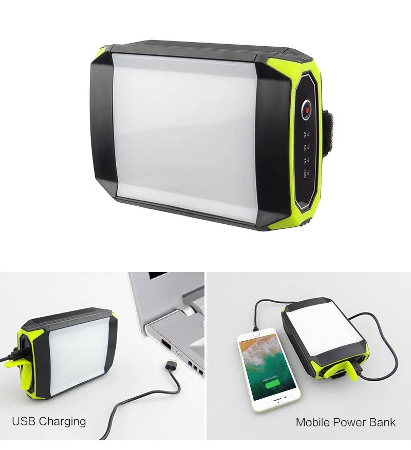 Green dimming rechargeable camping light with aluminium alloy casing, 130x90x47mm dimensions, showing LED bulbs and USB port