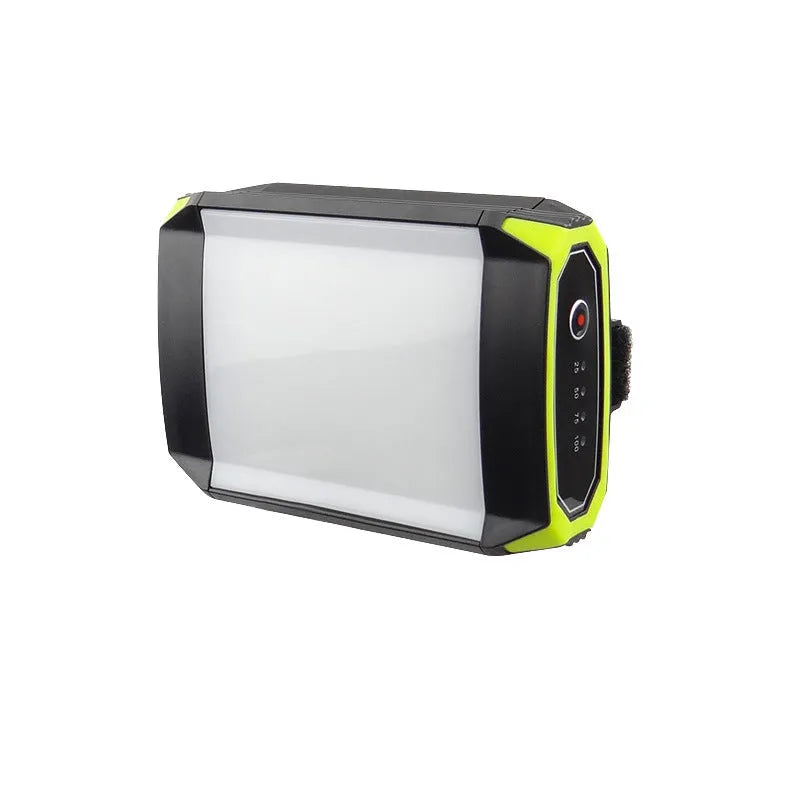Green dimming rechargeable camping light with aluminium alloy casing, 130x90x47mm dimensions, showing LED bulbs and USB port