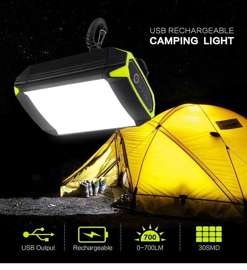 Green dimming rechargeable camping light with aluminium alloy casing, 130x90x47mm dimensions, showing LED bulbs and USB port