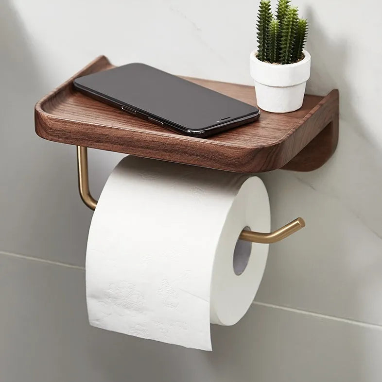 Solid walnut wood and brass wall-mounted paper towel and toilet roll holder, 20x13x10cm