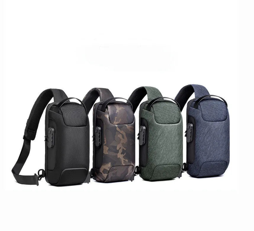 Men's canvas chest shoulder bag showing square shape, zipper, and internal phone and document organisers.