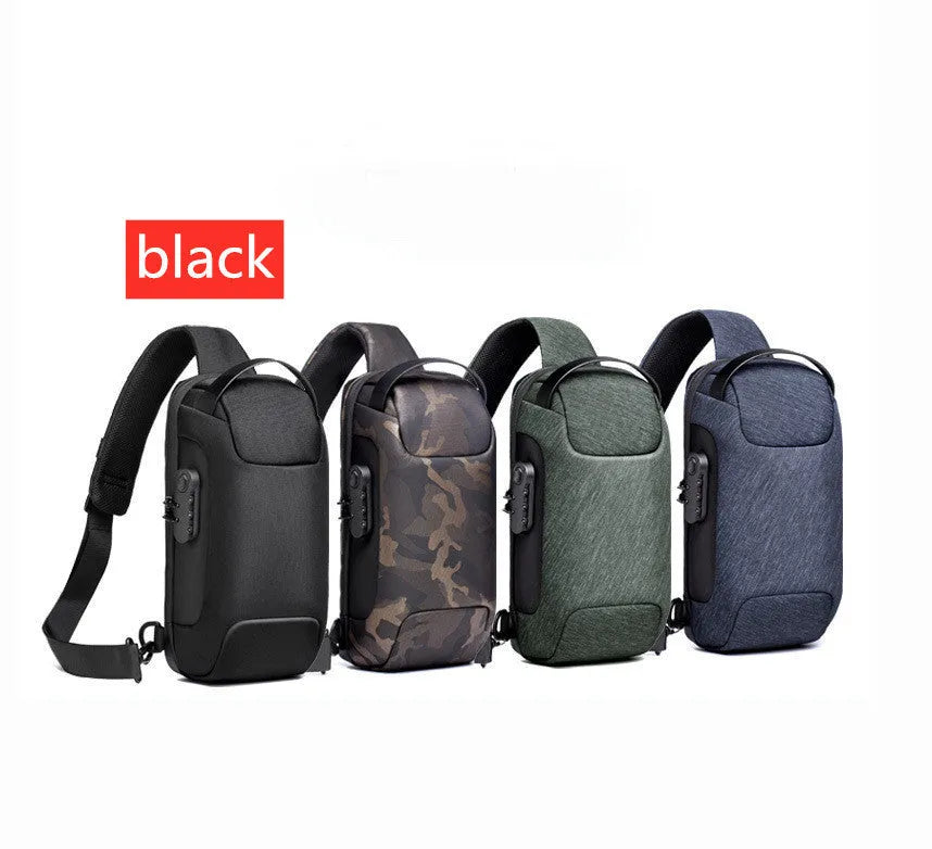 Men's canvas chest shoulder bag showing square shape, zipper, and internal phone and document organisers.