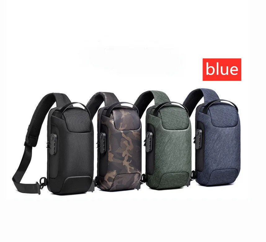 Men's canvas chest shoulder bag showing square shape, zipper, and internal phone and document organisers.