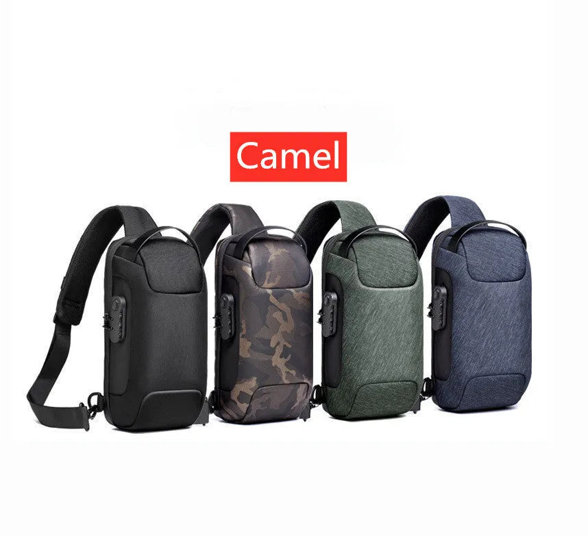 Men's canvas chest shoulder bag showing square shape, zipper, and internal phone and document organisers.