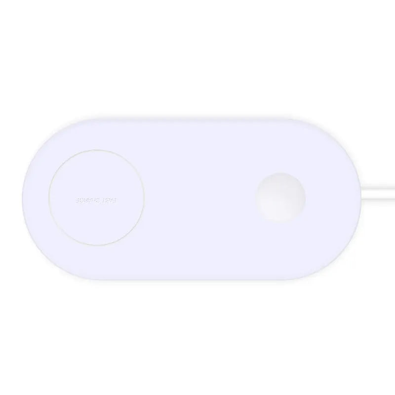 White dual wireless charger charging two mobile phones on a minimalist pad