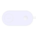 White dual wireless charger charging two mobile phones on a minimalist pad