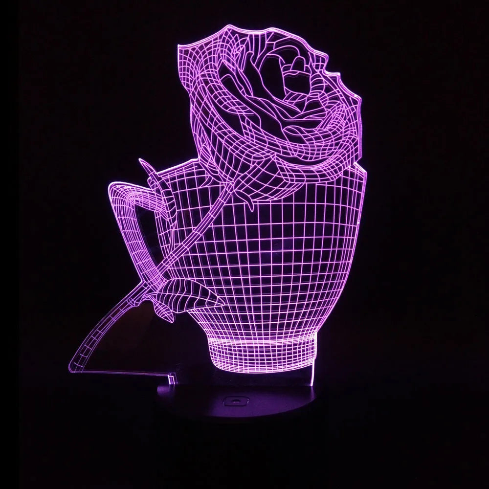 3D rose flower night light with acrylic board, ABS base, and remote control, showing seven colour options