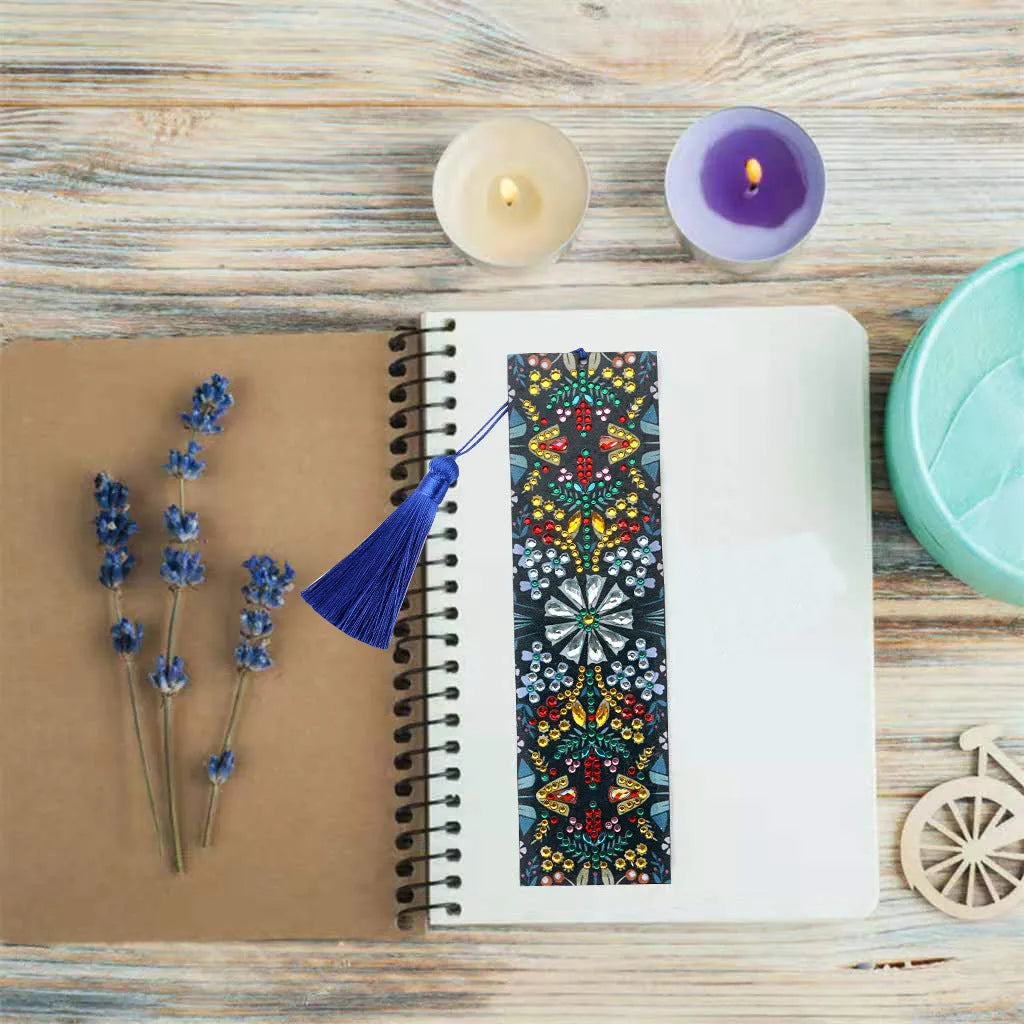 Leather bookmark with embroidered mandala flower diamond painting design.
