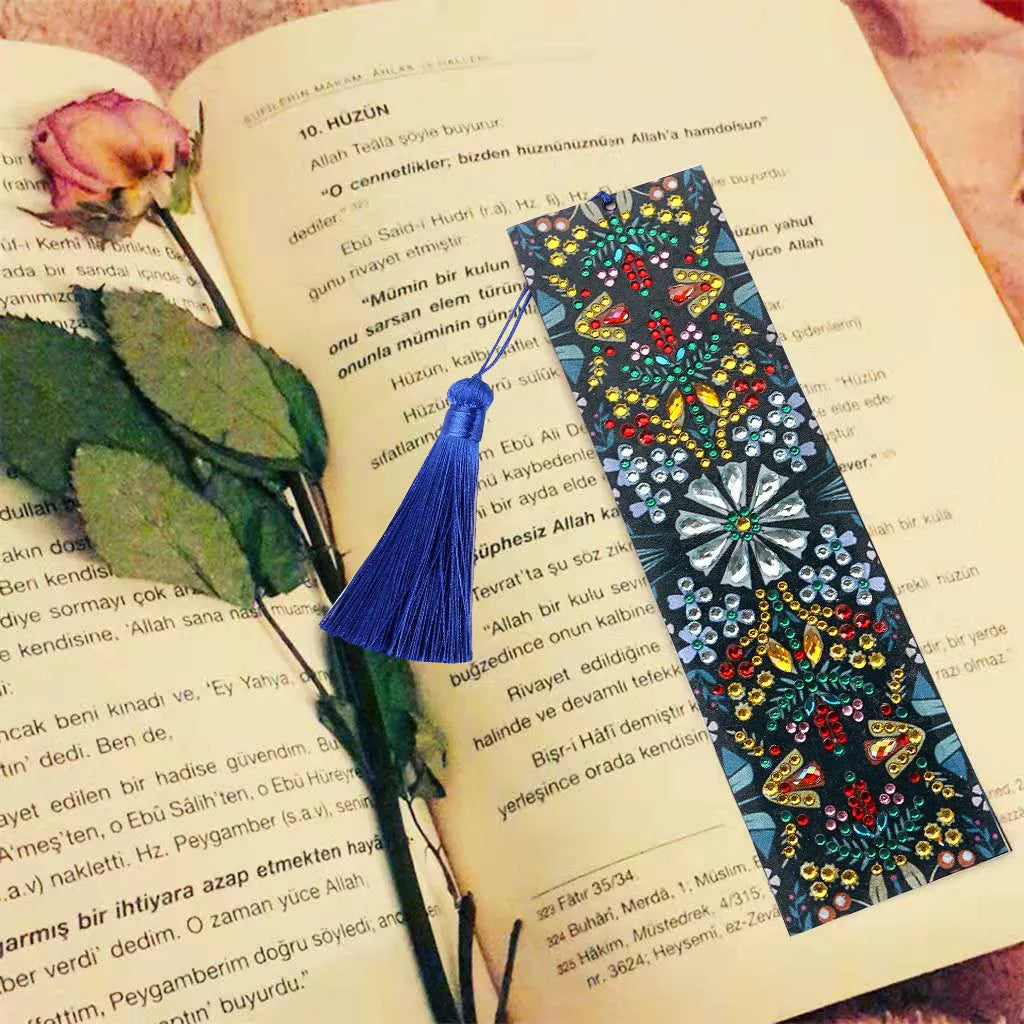 Leather bookmark with embroidered mandala flower diamond painting design.