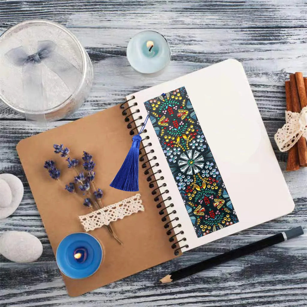 Leather bookmark with embroidered mandala flower diamond painting design.