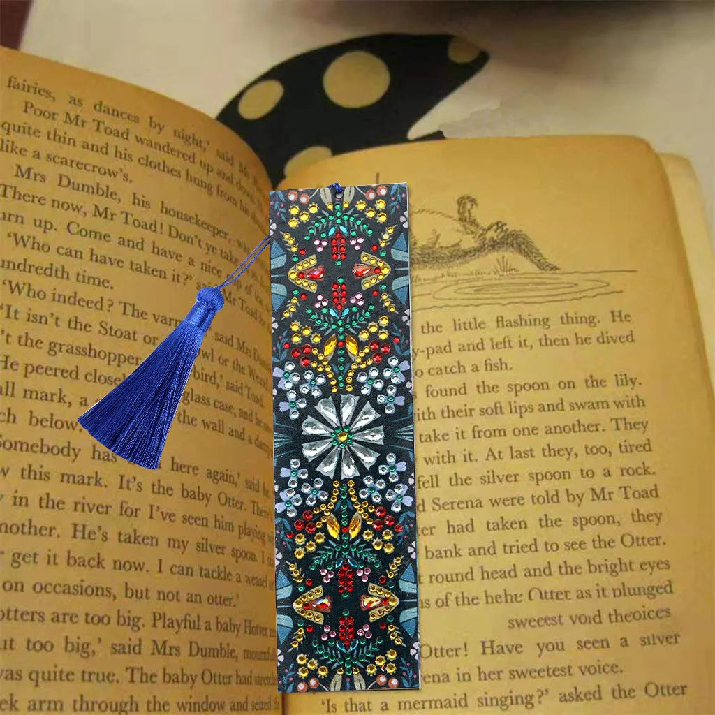 Leather bookmark with embroidered mandala flower diamond painting design.