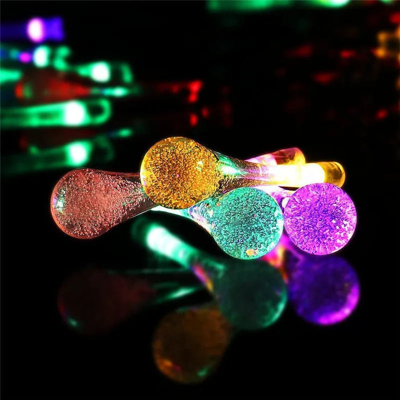 LED outdoor water drops solar lamp string lights showing bubble drop pendants on 6.5m waterproof garland