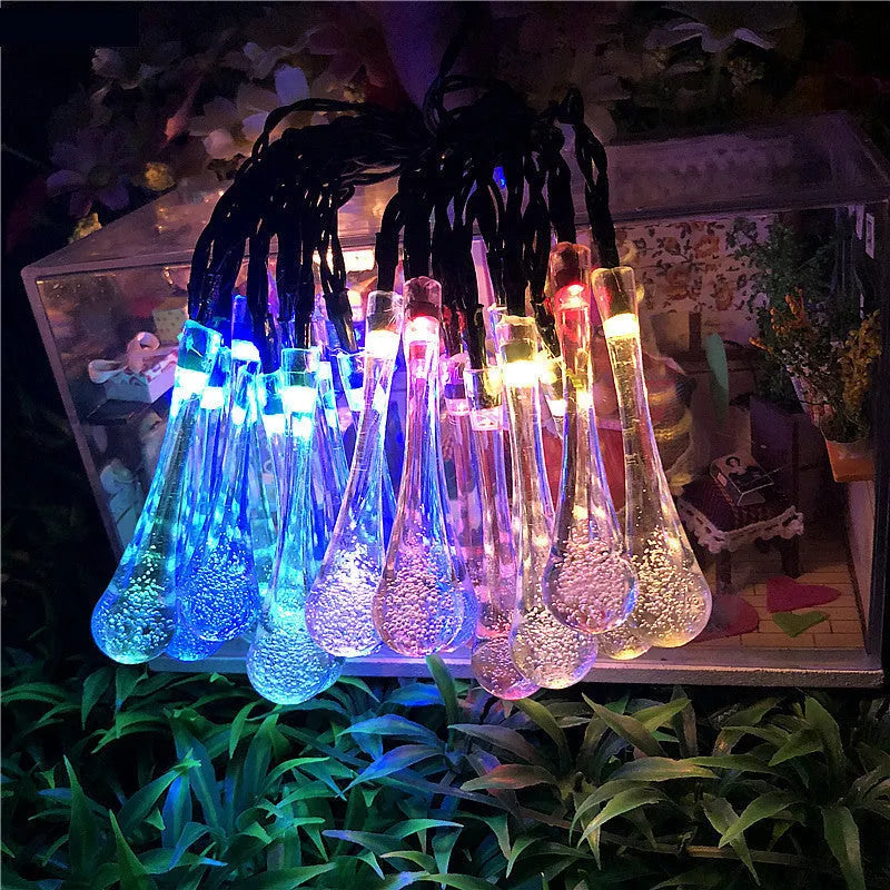 LED outdoor water drops solar lamp string lights showing bubble drop pendants on 6.5m waterproof garland
