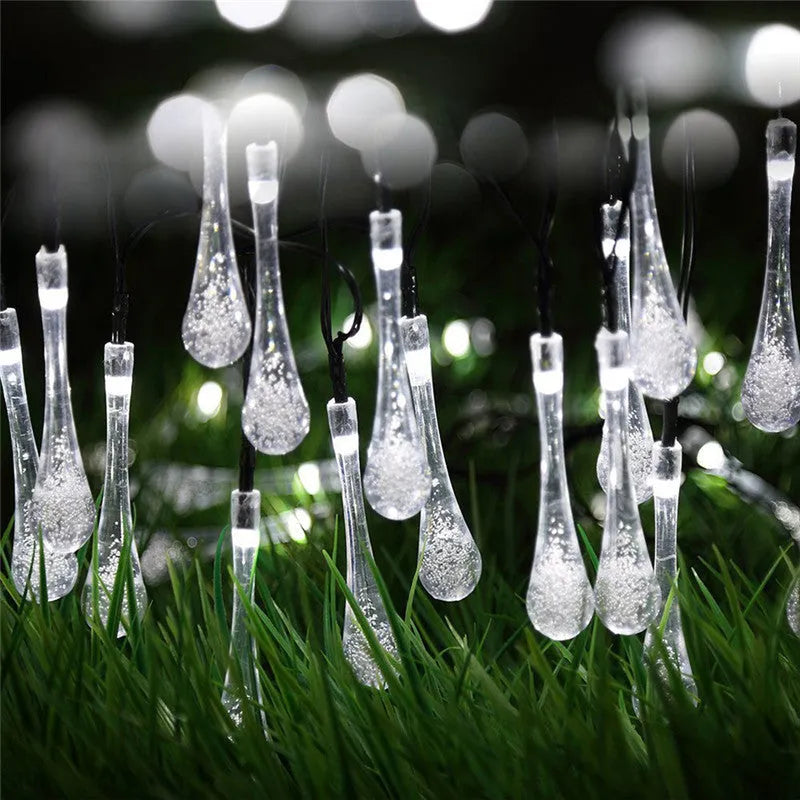 LED outdoor water drops solar lamp string lights showing bubble drop pendants on 6.5m waterproof garland