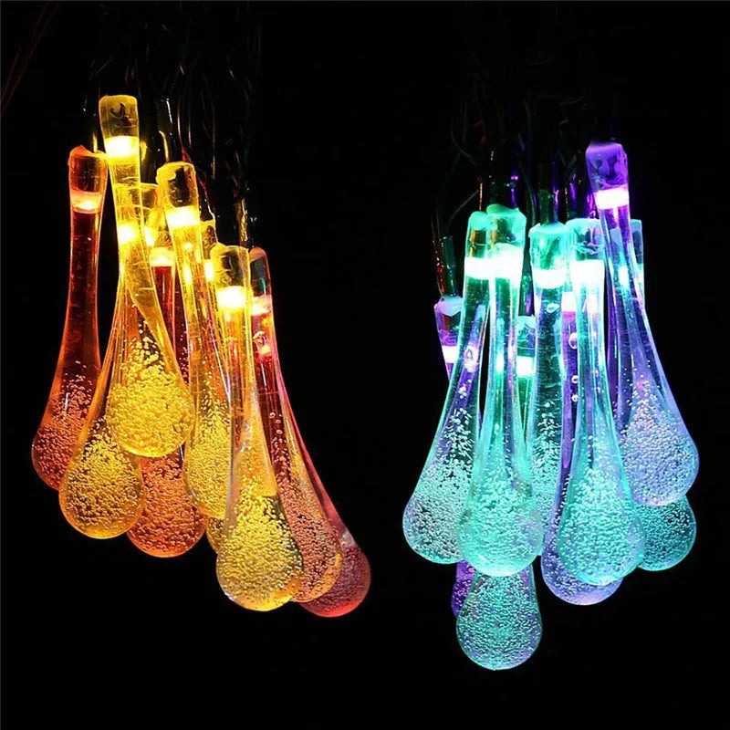 LED outdoor water drops solar lamp string lights showing bubble drop pendants on 6.5m waterproof garland