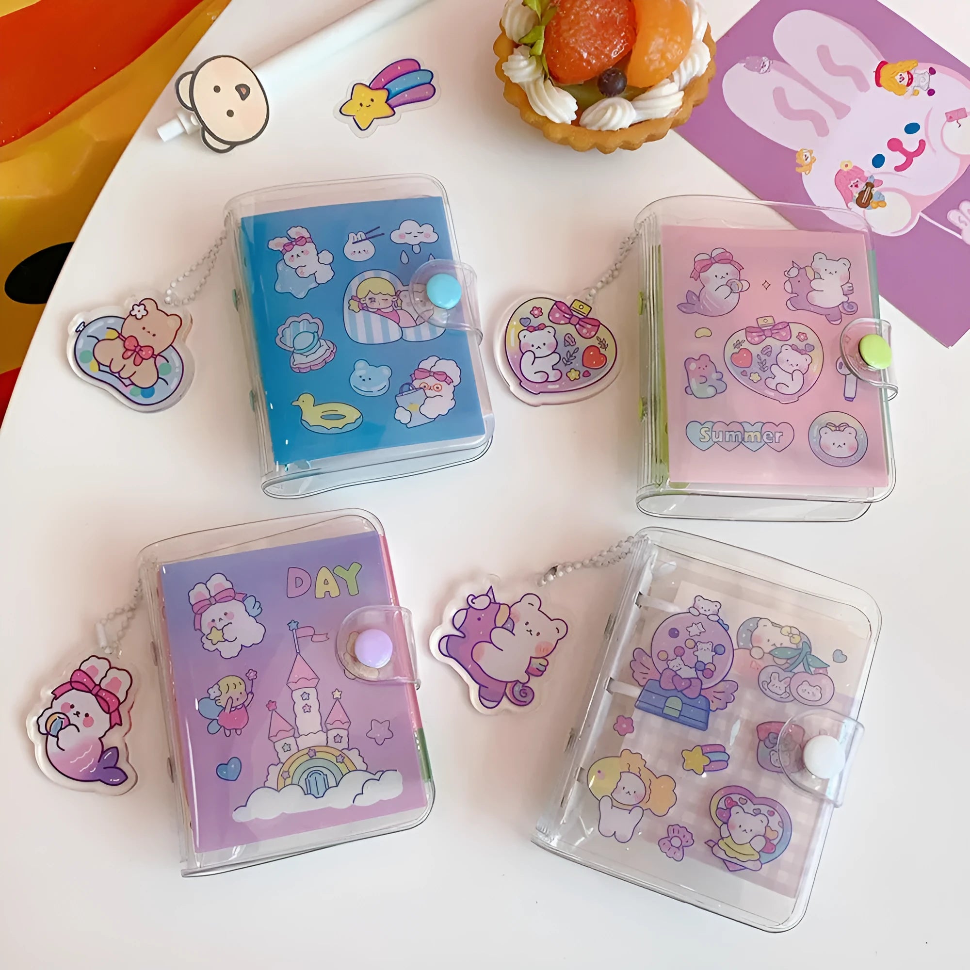 Japanese kawaii loose-leaf notebook refill with hand-drawn love bears, candy bears, star bunnies, and rainbow castle designs.