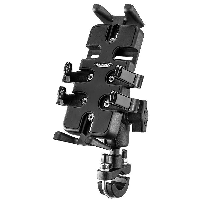 Black nylon phone navigation bracket with U-shaped clamp mounted on motorcycle handlebar