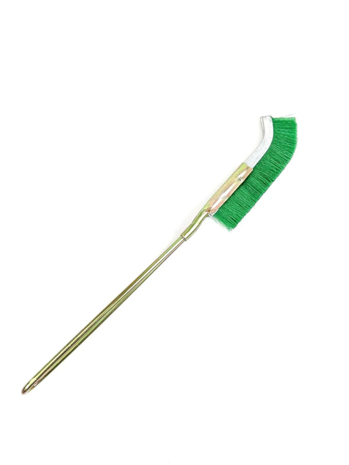 Green elbow-shaped cleaning brush with nylon wire bristles and a metal handle for rust removal.