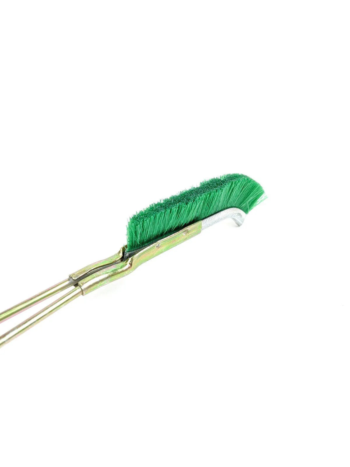 Green elbow-shaped cleaning brush with nylon wire bristles and a metal handle for rust removal.
