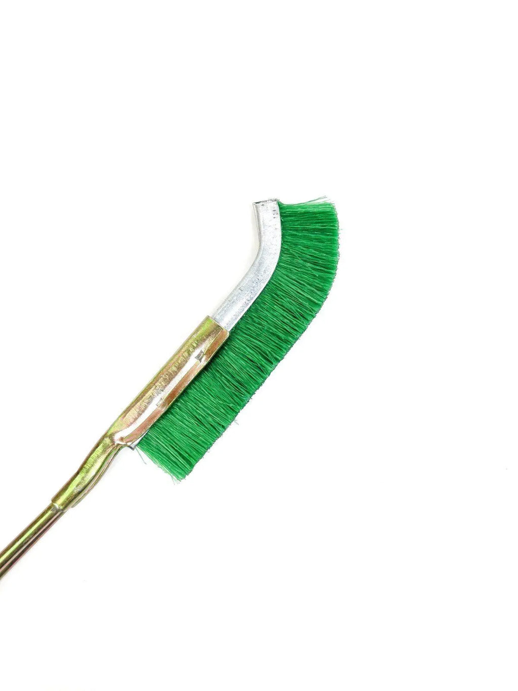 Green elbow-shaped cleaning brush with nylon wire bristles and a metal handle for rust removal.