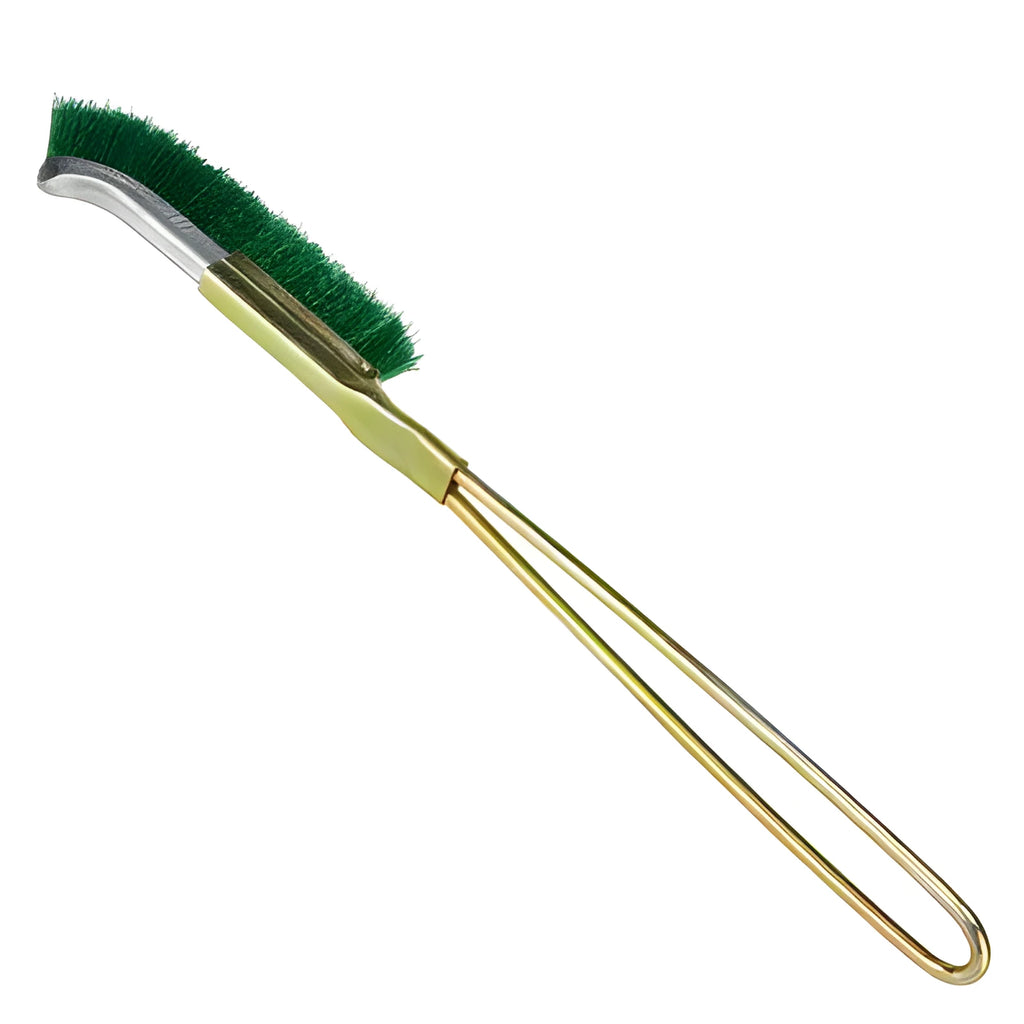 Green elbow-shaped cleaning brush with nylon wire bristles and a metal handle for rust removal.