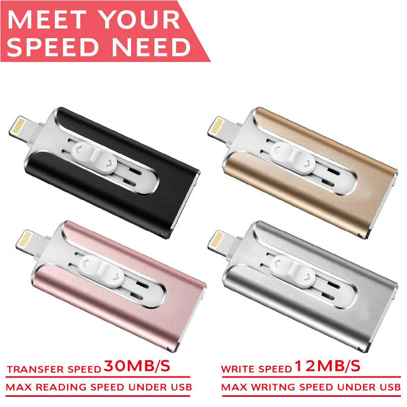 Metal USB drive with USB and Lightning connectors for transferring files between Android computers and iPhones