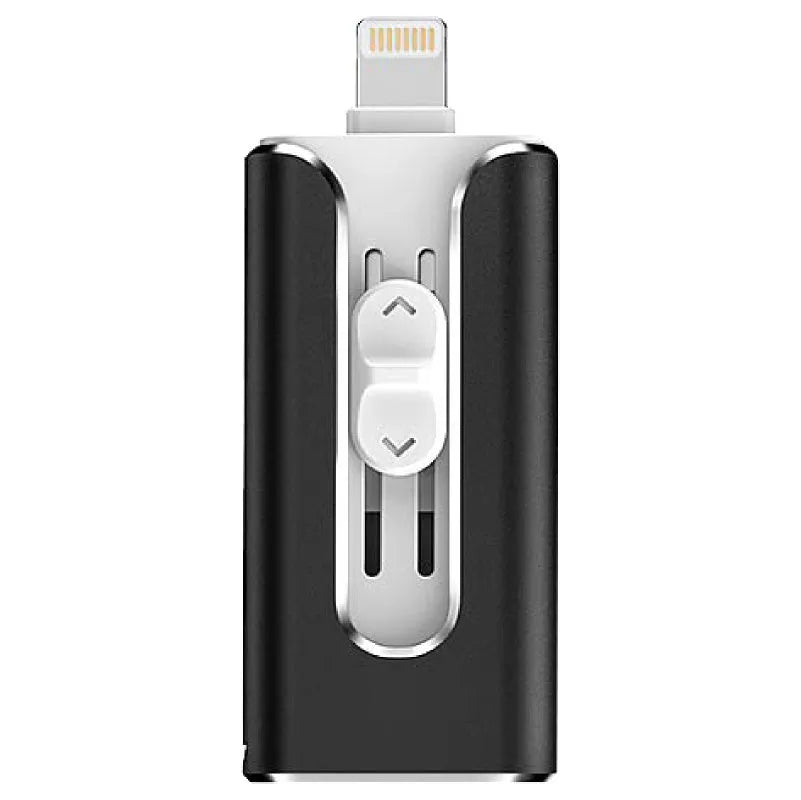 Metal USB drive with USB and Lightning connectors for transferring files between Android computers and iPhones