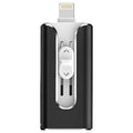 Metal USB drive with USB and Lightning connectors for transferring files between Android computers and iPhones