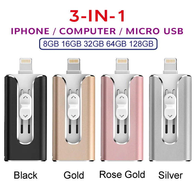 Metal USB drive with USB and Lightning connectors for transferring files between Android computers and iPhones