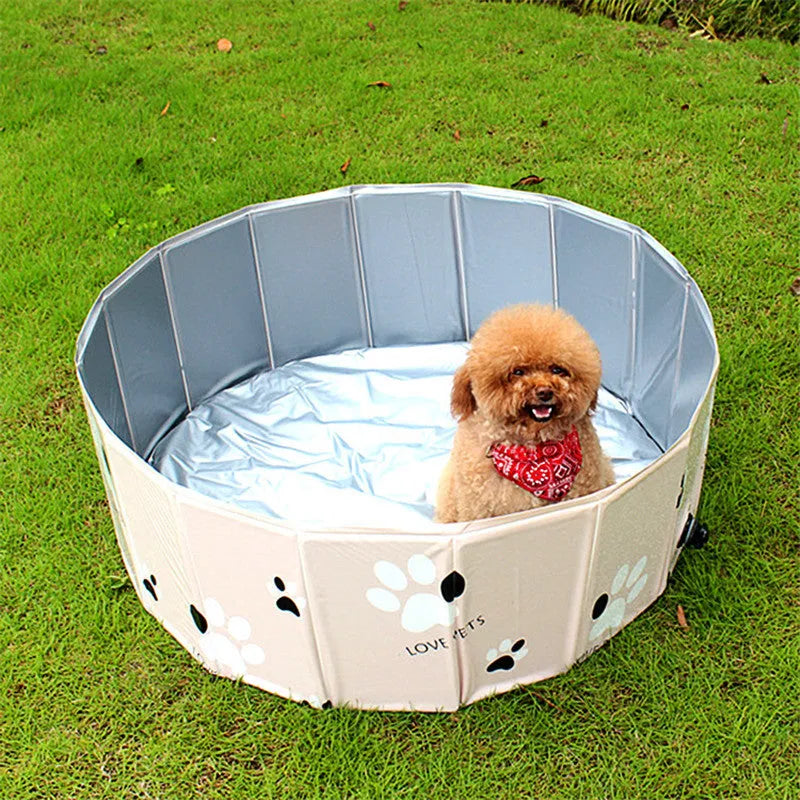 Blue PVC folding dog bathtub with round design and inflatable sides