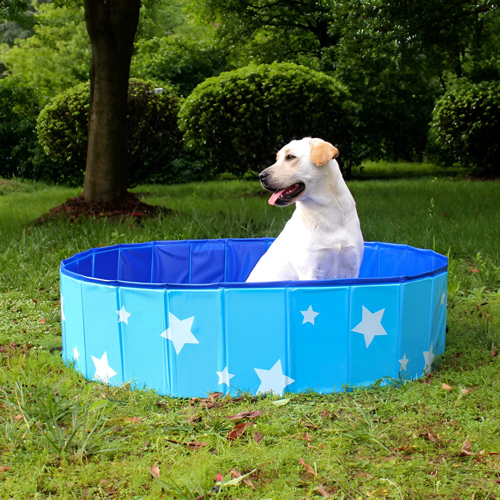 Blue PVC folding dog bathtub with round design and inflatable sides
