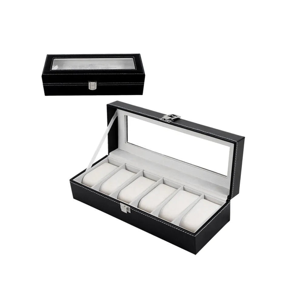 Black wooden watch jewellery box with six individual display windows for watch storage.