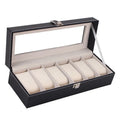 Black wooden watch jewellery box with six individual display windows for watch storage.