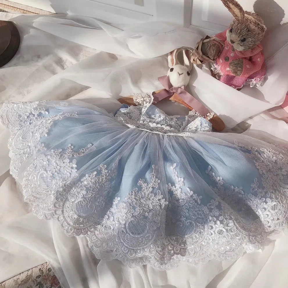Ocean blue baby girl princess dress with lace detailing for birthday parties and special occasions