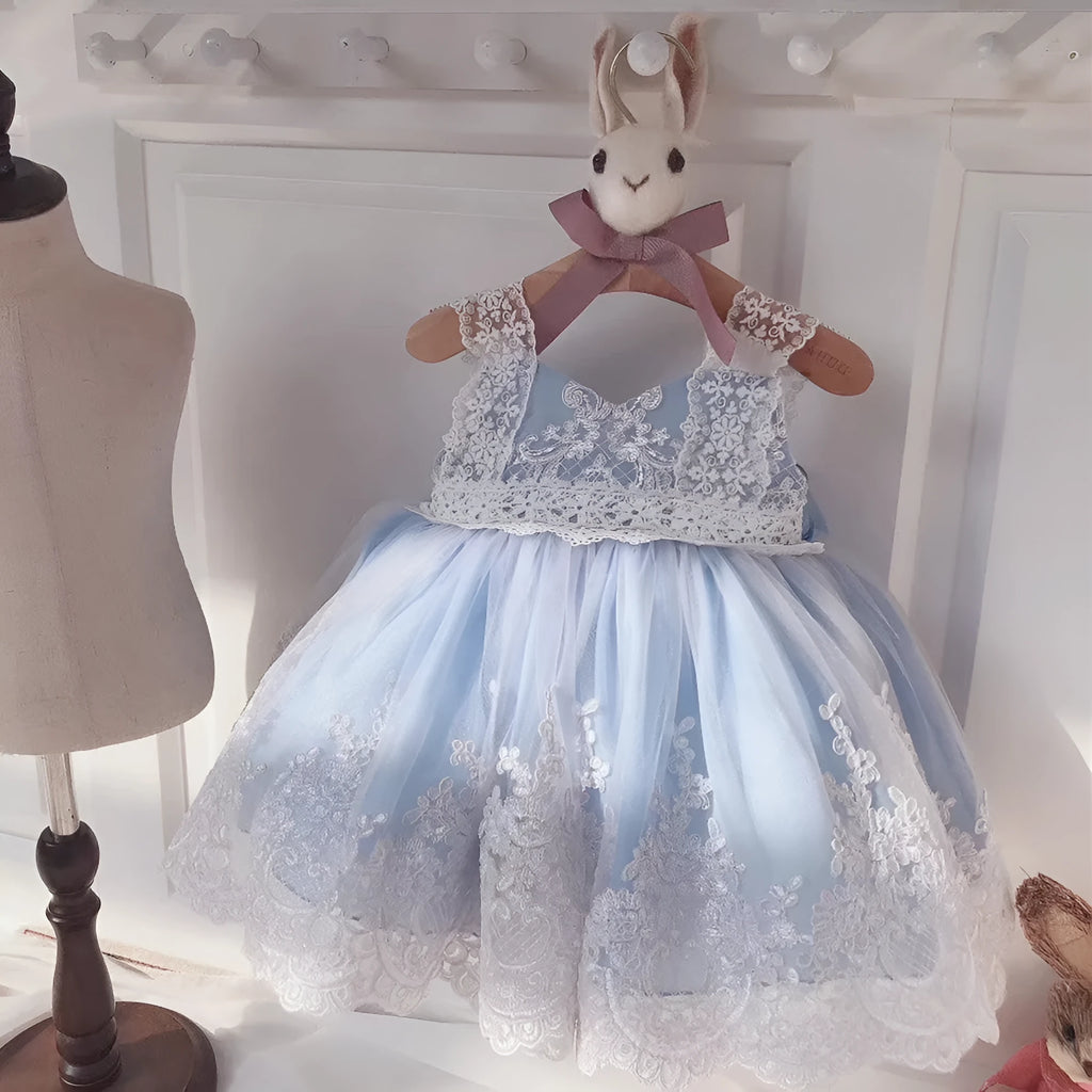 Ocean blue baby girl princess dress with lace detailing for birthday parties and special occasions