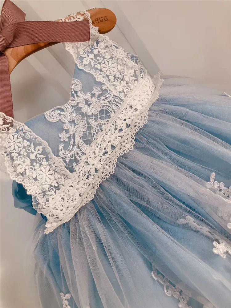 Ocean blue baby girl princess dress with lace detailing for birthday parties and special occasions