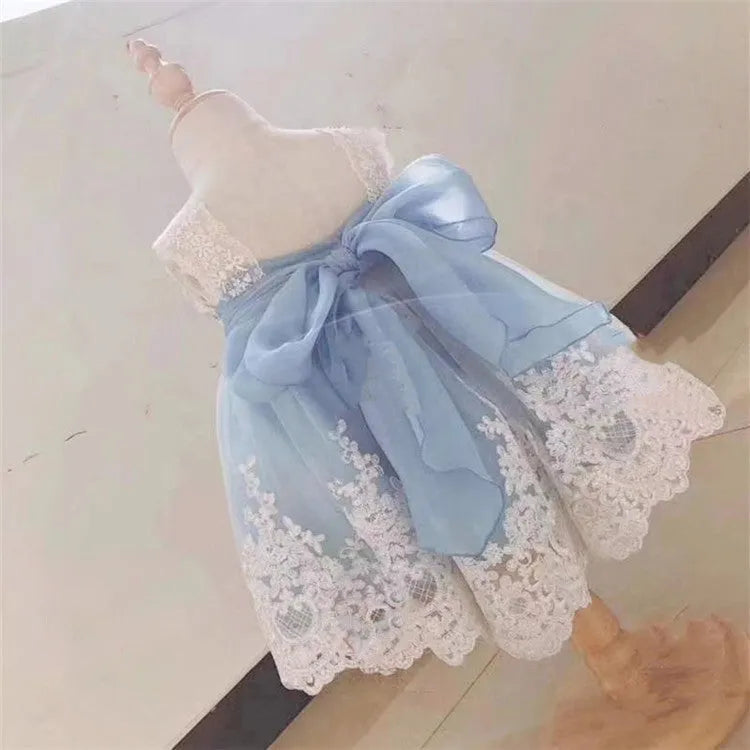 Ocean blue baby girl princess dress with lace detailing for birthday parties and special occasions