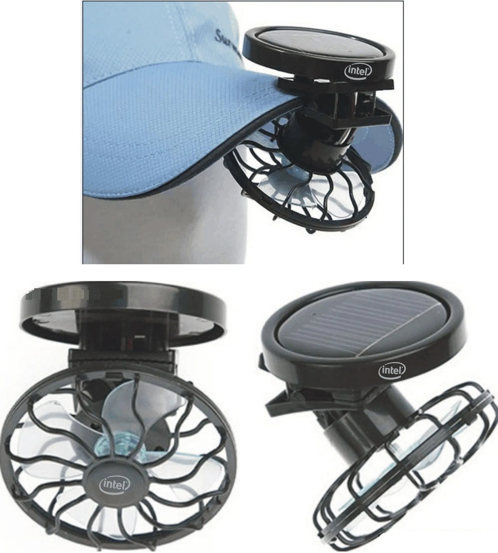 Solar-powered clip-on fan with 10cm blade for outdoor cooling, black design
