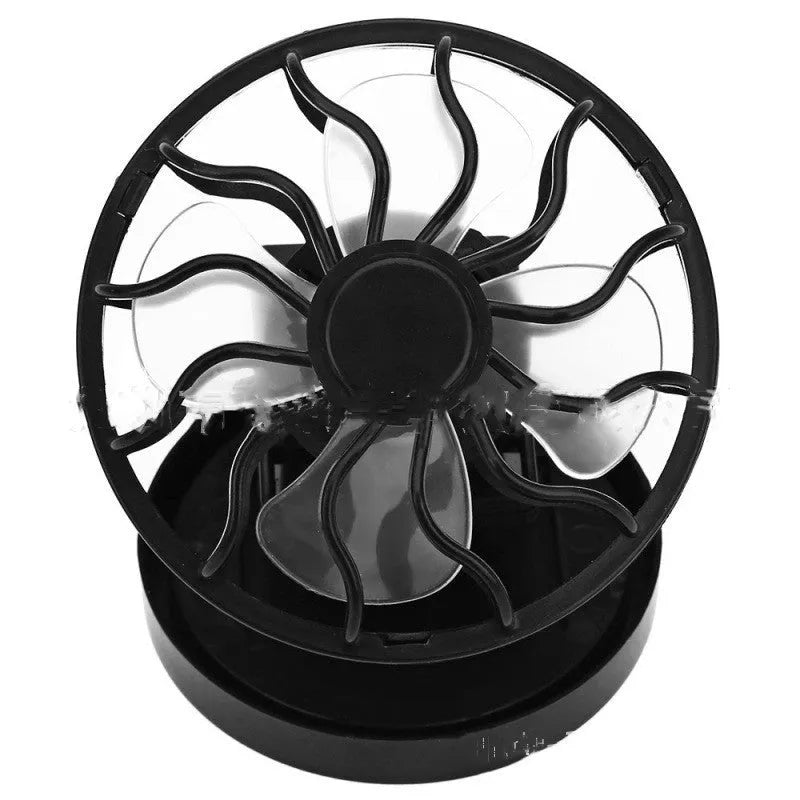 Solar-powered clip-on fan with 10cm blade for outdoor cooling, black design