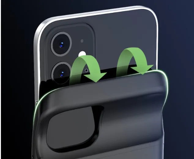 Black ultra-thin TPU back clip battery attached to iPhone 12 showing 18mm thickness and multi-USB port