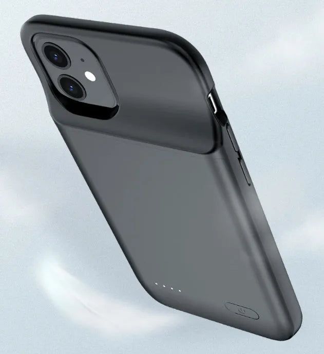 Black ultra-thin TPU back clip battery attached to iPhone 12 showing 18mm thickness and multi-USB port