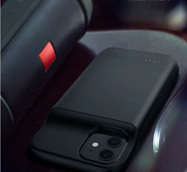 Ultra-thin TPU soft bag wireless back clip battery attached to iPhone 12, showing 167x70x18mm dimensions and black colour