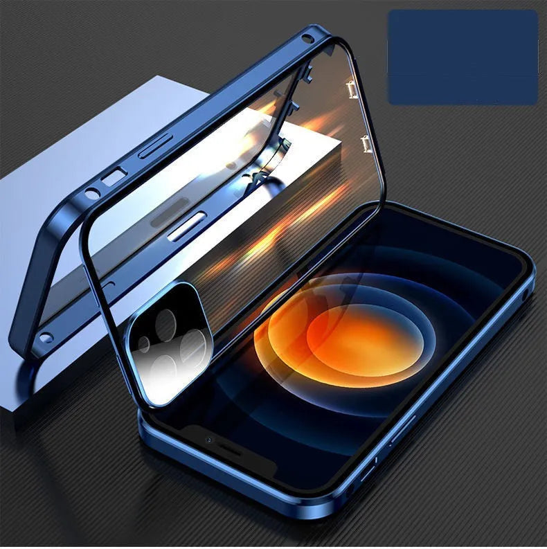 Black magnetic metal bumper iPhone case with a clear tempered glass back panel.