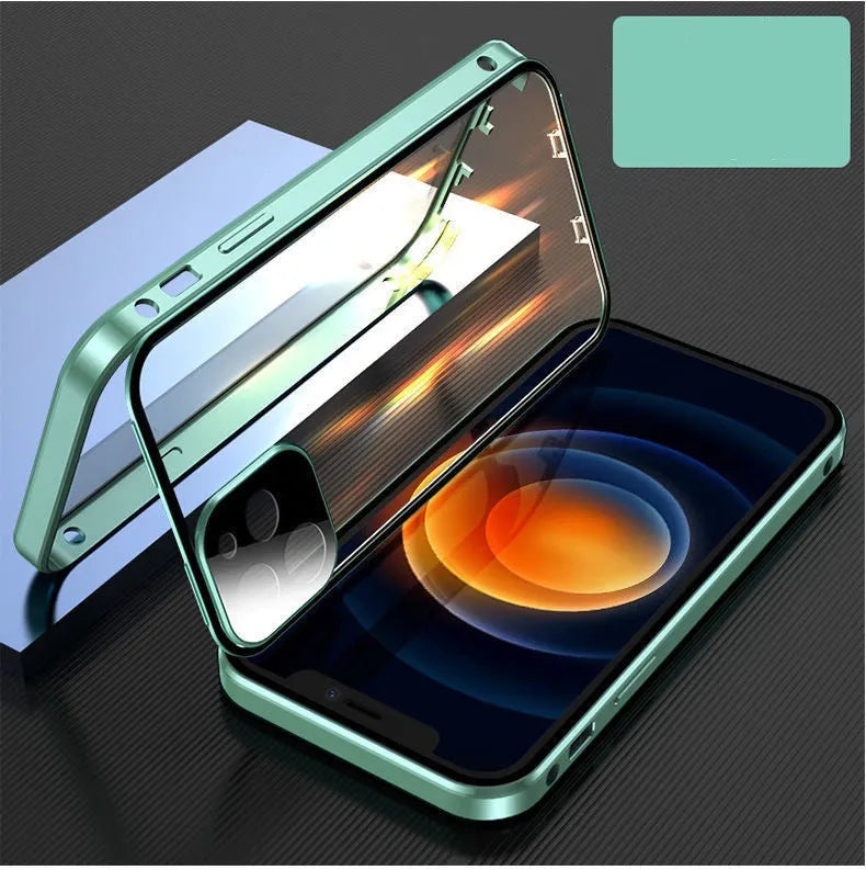 Black magnetic metal bumper iPhone case with a clear tempered glass back panel.