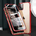 Black magnetic metal bumper iPhone case with a clear tempered glass back panel.